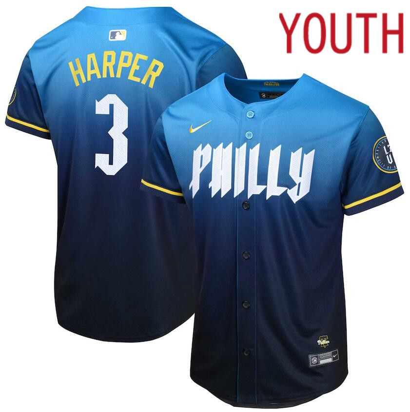 Youth Philadelphia Phillies #3 Bryce Harper Nike Blue 2024 City Connect Limited Player Jersey->customized mlb jersey->Custom Jersey